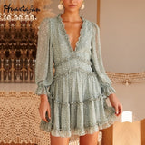 women dresses Sexy v-neck backless dress printed Elegant lantern sleeve ruffle dresses summer holiday mini dress Vestido 2020
