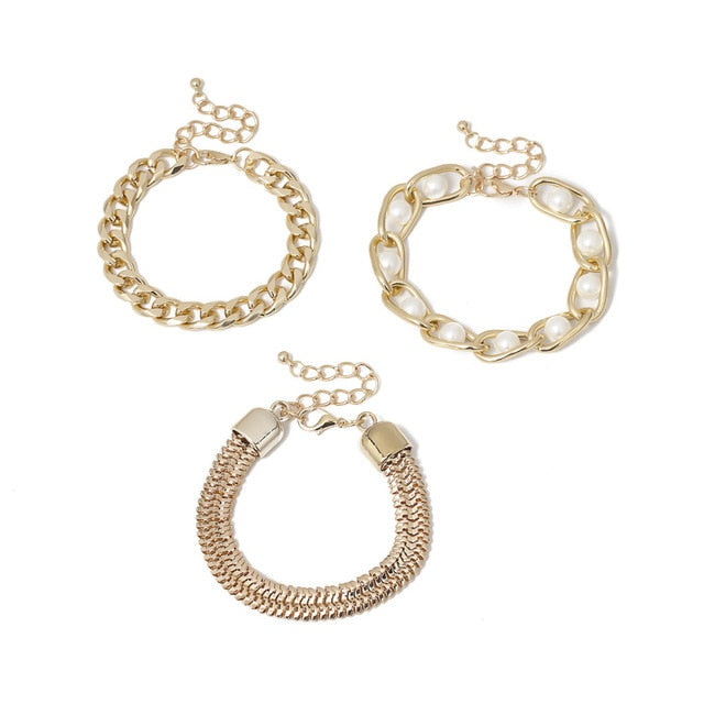 IngeSight.Z 3Pcs/Lot Punk Miami Curb Cuban Thick Bracelet Bangle Chunky Heavy Metal Imitation Pearl Bracelet Wrist Chain Jewelry