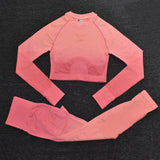 Ombre Women Yoga Set Seamless Leggings Long Sleeve Crop Top Sports Bra Running Pants Gym Clothing Fitness Workout Sports Suit