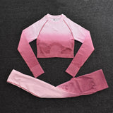 Ombre Women Yoga Set Seamless Leggings Long Sleeve Crop Top Sports Bra Running Pants Gym Clothing Fitness Workout Sports Suit