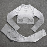 Ombre Women Yoga Set Seamless Leggings Long Sleeve Crop Top Sports Bra Running Pants Gym Clothing Fitness Workout Sports Suit