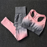 Ombre Women Yoga Set Seamless Leggings Long Sleeve Crop Top Sports Bra Running Pants Gym Clothing Fitness Workout Sports Suit