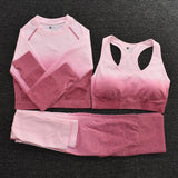 Ombre Women Yoga Set Seamless Leggings Long Sleeve Crop Top Sports Bra Running Pants Gym Clothing Fitness Workout Sports Suit