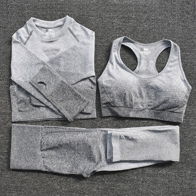 Ombre Women Yoga Set Seamless Leggings Long Sleeve Crop Top Sports Bra Running Pants Gym Clothing Fitness Workout Sports Suit