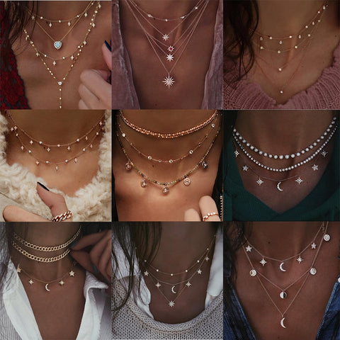 Boho Multi-element Crystal Necklaces For Women Fashion Gold Necklace Vintage Multiple Layers Pendant Necklace Jewelry Gift