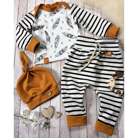 Newborn Clothes Kids Clothes Girls Clothes Baby Girl Clothes Baby Boy Clothes Feather T shirt Tops Strip Pants Free Ship Z4