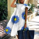 Casual Loose Plus Size Women Dress Retro Petal Short Sleeve A-Line Dress Summer Elegant O-Neck Daisy Print Party Dress Vestidos