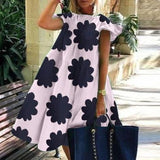 Casual Loose Plus Size Women Dress Retro Petal Short Sleeve A-Line Dress Summer Elegant O-Neck Daisy Print Party Dress Vestidos