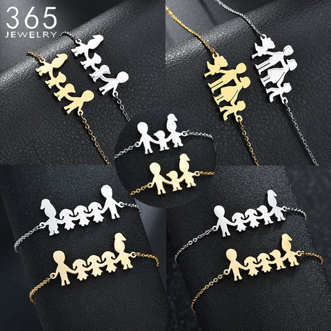Cute Stainless Steel Mom Dad Kids Family Bracelets Women Gold Adjustable Figure Bracelets Girls Jewelry