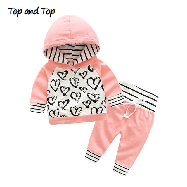 Top and Top Fashion Cute Infant Newborn Baby Girl Clothes Hooded Sweatshirt Striped Pants 2pcs Outfit Cotton Baby Tracksuit Set