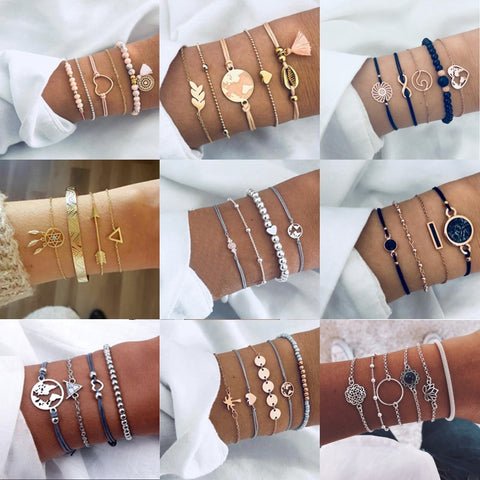 Tocona Bohemian Beads Chain Bracelets Bangles for Women Fashion Vintage Heart Compass Gold Color Chain Bracelets Sets Jewelry
