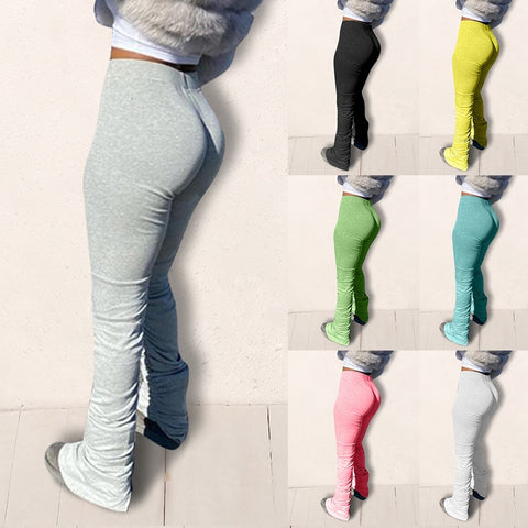 Women High Waist Sweatpants Pleated Joggers 2020 Elastic Summer Stacked Leggings Hem Flare Ruched Pant Split Bell Bottom Trouser