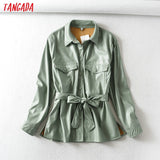 Tangada Women light green faux leather jacket coat with beltLadies Long Sleeve loose oversize boy friend Coat 6A125