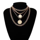 IngeSight.Z Punk Multi Layer Curb Cuban Chunky Thick Portrait Choker Necklace Women Vintage Carved Coin Pendant Necklace Jewelry