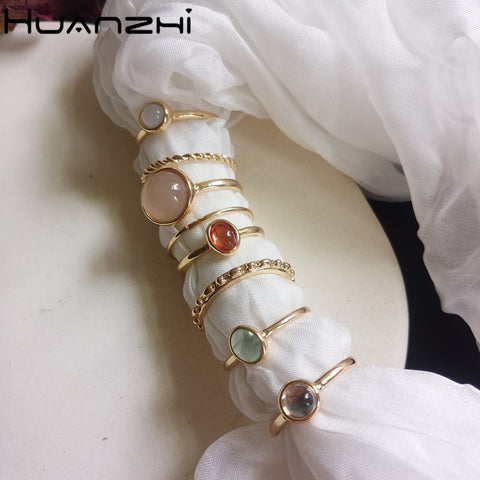 HZ 2019 Vintage Summer 8Pcs/Set Fairy Friends Colorful Stone Metalic Fashion Finger Rings Korea Hit Rings for Women Girl Party