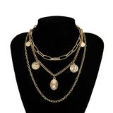 IngeSight.Z Punk Multi Layer Curb Cuban Chunky Thick Portrait Choker Necklace Women Vintage Carved Coin Pendant Necklace Jewelry
