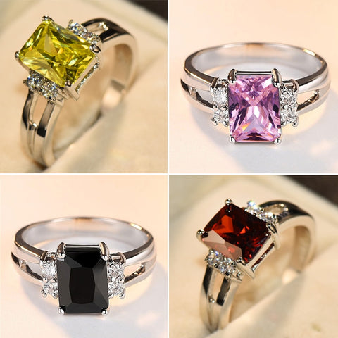 Luxury Female Pink Red Yellow Black Stone Ring Fashion Silver Color Wedding Jewelry Crystal Promise Engagement Rings For Women
