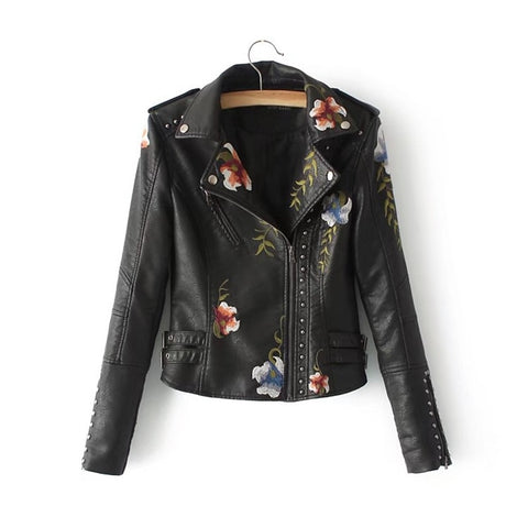 Embroidery faux leather PU Jacket Women Spring Autumn Fashion Motorcycle Jacket Black faux leather coats Outerwear 2019 Coat HOT
