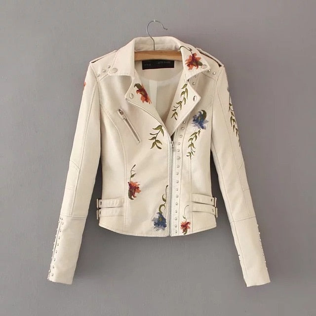 Embroidery faux leather PU Jacket Women Spring Autumn Fashion Motorcycle Jacket Black faux leather coats Outerwear 2019 Coat HOT