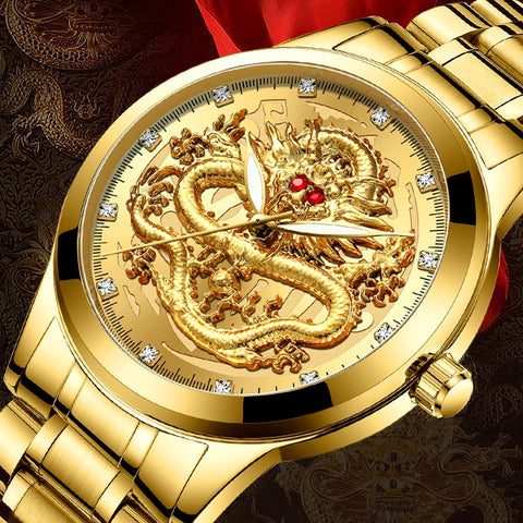 New Golden Mens Watches Top Brand Luxury Chinese Dragon Watch Business Full Steel Quartz Clock Male Relogio Masculino