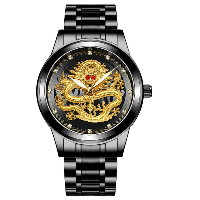 New Golden Mens Watches Top Brand Luxury Chinese Dragon Watch Business Full Steel Quartz Clock Male Relogio Masculino