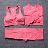 vital seamless long sleeve crop top yoga set 3 piece gym set women fitness gym clothing sport suit sports bra and leggings set