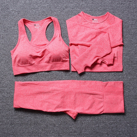 vital seamless long sleeve crop top yoga set 3 piece gym set women fitness gym clothing sport suit sports bra and leggings set