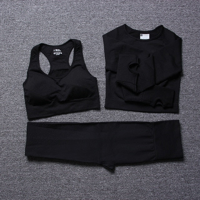 vital seamless long sleeve crop top yoga set 3 piece gym set women fitness gym clothing sport suit sports bra and leggings set