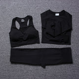 vital seamless long sleeve crop top yoga set 3 piece gym set women fitness gym clothing sport suit sports bra and leggings set