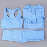 vital seamless long sleeve crop top yoga set 3 piece gym set women fitness gym clothing sport suit sports bra and leggings set