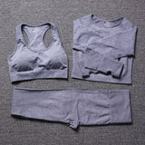 vital seamless long sleeve crop top yoga set 3 piece gym set women fitness gym clothing sport suit sports bra and leggings set