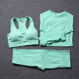 vital seamless long sleeve crop top yoga set 3 piece gym set women fitness gym clothing sport suit sports bra and leggings set