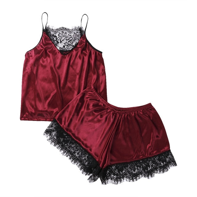 Hot Ladies Sleepwear Women Satin Sexy Lingerie Lace Pajamas Set Elegant Sleeveless Top and Shorts Night Suit Pj Set Underwear