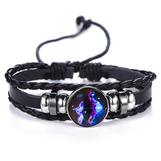 DropShiping Gemini Cancer Leo Virgo Libra Scorpio 12 Constellation Black punk Leather Bracelet Zodiac Bracelet for Men Women