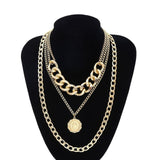 IngeSight.Z Punk Multi Layer Curb Cuban Chunky Thick Portrait Choker Necklace Women Vintage Carved Coin Pendant Necklace Jewelry