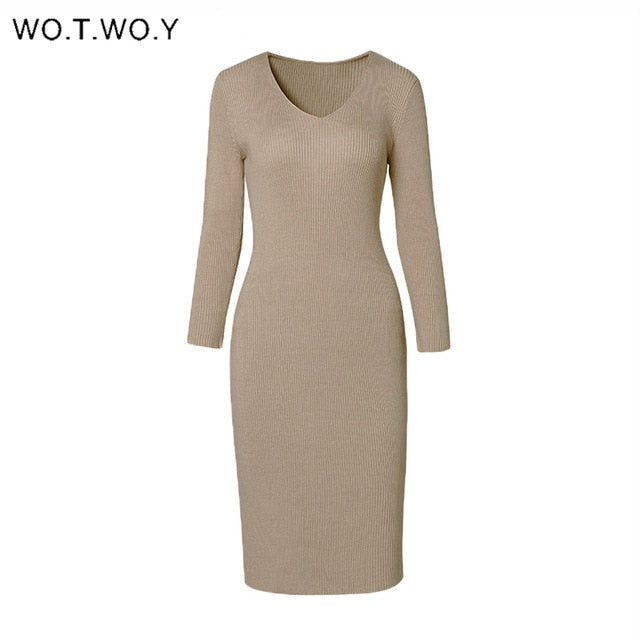 WOTWOY V-Neck Wrapped Knitted Dress Women Autumn Solid Sheath Sweater Dresses Women Knee-Length Bodycon Long Sweater Female New