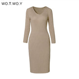 WOTWOY V-Neck Wrapped Knitted Dress Women Autumn Solid Sheath Sweater Dresses Women Knee-Length Bodycon Long Sweater Female New
