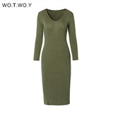 WOTWOY V-Neck Wrapped Knitted Dress Women Autumn Solid Sheath Sweater Dresses Women Knee-Length Bodycon Long Sweater Female New