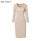 WOTWOY V-Neck Wrapped Knitted Dress Women Autumn Solid Sheath Sweater Dresses Women Knee-Length Bodycon Long Sweater Female New