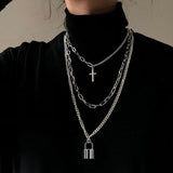 AOMU 2020 Personality Hip Hop Multilayer Necklace Metal Cross Pendant Silver Color Chain Necklace for Women Men Unisex Jewelry