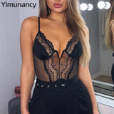 Yimunancy Deep V Neck Lace Bodysuit Women Fashion 3 Colors White/Black Sexy Bodysuit Ladies Body Female Mesh Bodysuit Overalls
