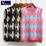 Vangull Argyle Fashion Knitted Vest Women Casual Korean Pullover Elasticity Sweater Spring Autumn Sleeveless V-Neck Tank Tops