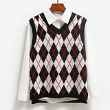 Vangull Argyle Fashion Knitted Vest Women Casual Korean Pullover Elasticity Sweater Spring Autumn Sleeveless V-Neck Tank Tops
