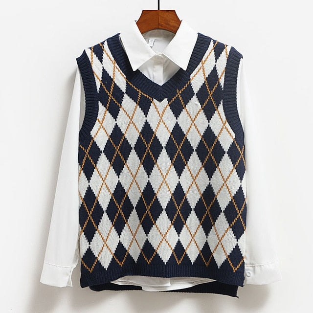 Vangull Argyle Fashion Knitted Vest Women Casual Korean Pullover Elasticity Sweater Spring Autumn Sleeveless V-Neck Tank Tops