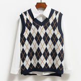 Vangull Argyle Fashion Knitted Vest Women Casual Korean Pullover Elasticity Sweater Spring Autumn Sleeveless V-Neck Tank Tops