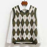 Vangull Argyle Fashion Knitted Vest Women Casual Korean Pullover Elasticity Sweater Spring Autumn Sleeveless V-Neck Tank Tops