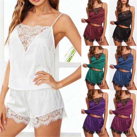 2020 New Sexy Women Silk Satin Pajamas Set Sleepwear Shorts Babydoll Nightwear Lingerie