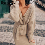 Simplee Sexy v-neck women knitted skirt suits Autumn winter batwing sleeve 2 pieces Elegant party female sweater blue dress 2020