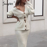 Simplee Sexy v-neck women knitted skirt suits Autumn winter batwing sleeve 2 pieces Elegant party female sweater blue dress 2020