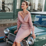 Simplee Sexy v-neck women knitted skirt suits Autumn winter batwing sleeve 2 pieces Elegant party female sweater blue dress 2020